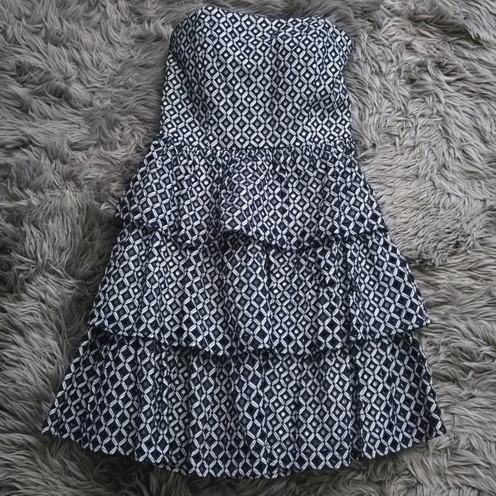 White House Black Market Strapless Navy and White Dress